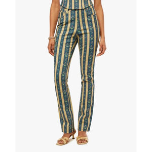 Women's WEWOREWHAT Teal & Yellow Floral Stripe Mid Rise Ankle Flare Pants 26